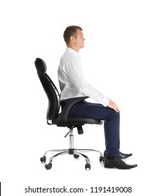 Man Sitting In Office Chair On White Background. Posture Concept