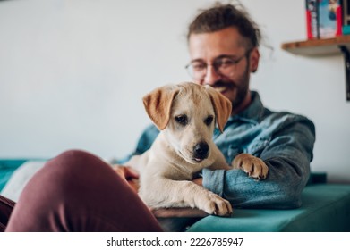 Man sitting on a chair at home and petting his adopted puppy dog. Focus on a dog sitting on a man lap. Life with pets. Copy space. .