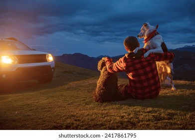 Man sitting on the grass of a mountain with his two dogs near his 4x4 SUV car during a stop on his adventure travel. traveling with pets. travel at night. - Powered by Shutterstock