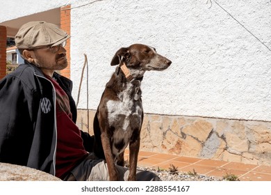 man sitting on stone bench looking at dog sitting next to him, simulating the same gesture on his face, friends. man with cap and glasses, black jacket and maroon T-shirt. 