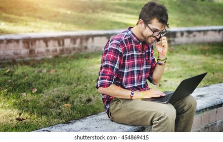 Man Sitting Park Phonecall Concept