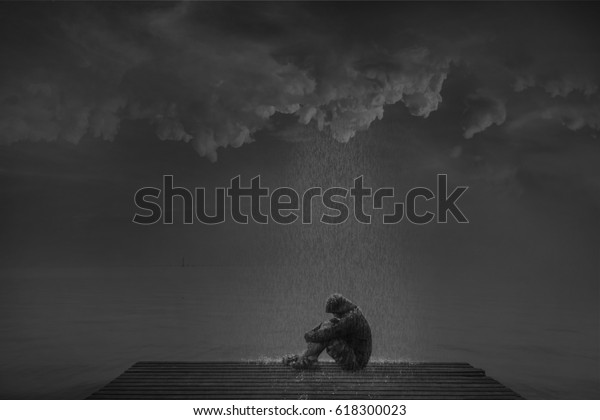 Man Sitting Sad End Wooden Bridge Stock Photo Edit Now