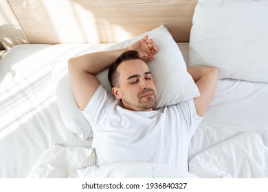 The Man Sleep On The Bed In The Morning