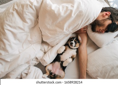 man sleeping with dog in white bed - Powered by Shutterstock