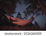 A man sleeps in a hammock on a starry night. Campfire lighting. Night photography