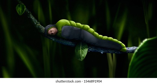 A Man Sleeps In A Sleeping Bag Like A Caterpillar.