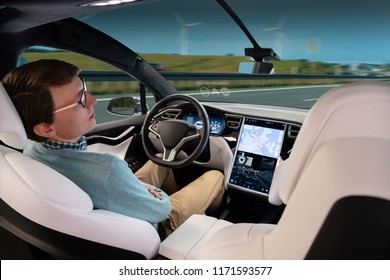 A Man Sleeps While His Car Is Driven By An Autopilot. Self Driving Vehicle Concept