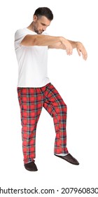 Man In Sleepwalking State On White Background