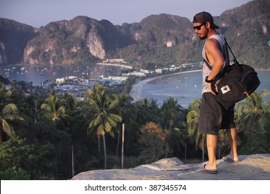 Man With Sling Bag Viewing Phi Phi Island From High View Point