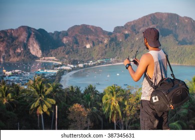 Man With Sling Bag Viewing Phi Phi Island From High View Point