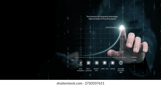 Man with smartphone draws graph of computing technology evolution. Exponential growth in processing speed from early computer and cpu to quantum processing chip, improvement of processor performance.