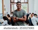 Man, smile and portrait in creative office for startup, artist and happy for small business agency. Manager, workshop and art director or male person with arms crossed, project and entrepreneur