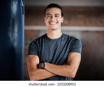 Man, smile portrait and fitness in gym for exercise workout, boxing training and sports wellness mindset. Happy athlete, personal trainer success and relax happiness for cardio lifestyle in club - Powered by Shutterstock