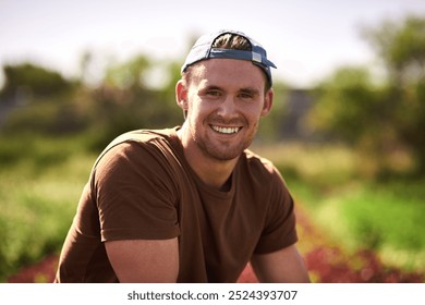 Man, smile and portrait in nature for farming, agriculture and sustainability with carbon capture. Farmer, happy and organic for crop production, harvest and eco friendly agribusiness in Australia - Powered by Shutterstock