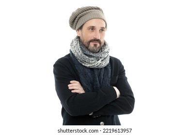 Man Smile And Wear Winter Warm Clothes Isolated On White Background. Studio Shot Of Man