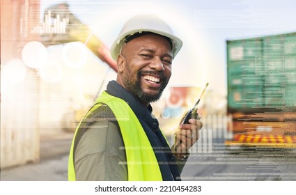 Man, smile and work in logistics with radio in hand for communication with truck at port in holographic overlay. Black man, happy and future of shipping, cargo and supply chain industry in Cape Town - Powered by Shutterstock