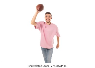 Man smiles while getting ready to throw a football, isolated, PNG
