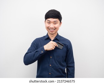 Man Smiling And Pick Up Credit Card Of Shirt Pocket