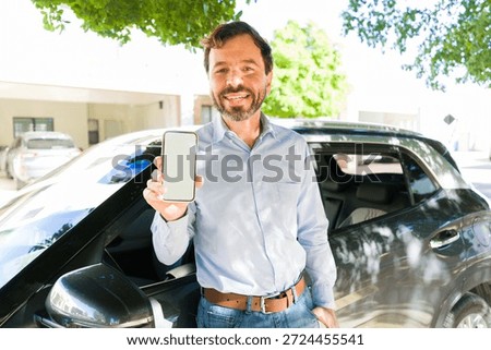 Man smiling, presenting a customizable mobile application screen for rideshare, taxi, or transportation service