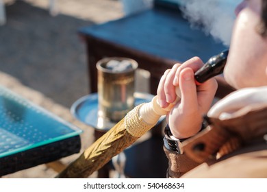 Man Is Smoking Shisha Outdoor, Unhealthy Concept