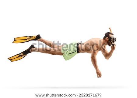 Man snorkeling with fins and a mask isolated on white background