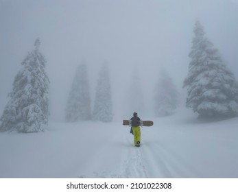 Man snowboarding in the Slovenian mountains treads fresh powder snow in the foggy backcountry. Young male snowboarder walks along a narrow footpath crossing a snowy meadow in the misty Julian Alps.