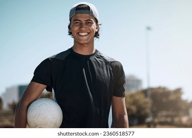 Man, soccer ball or fitness on sports field, training center or exercise club and wellness goals, health target or winner mindset. Portrait, smile or happy football coach or workout personal trainer - Powered by Shutterstock