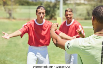 Man, Soccer Player And Yellow Card From Referee For Sports Foul, Misconduct Or Unfair Play On The Field. Confused Men In Soccer Match Getting A Warning, Sign Or Penalty For Fail In Football Game Law