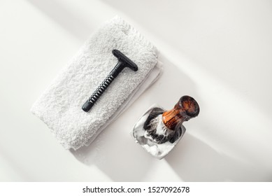 Man Spa Accessories To Shaving And Grooming Lying On A Clean White Background, Flat Lay, Top View