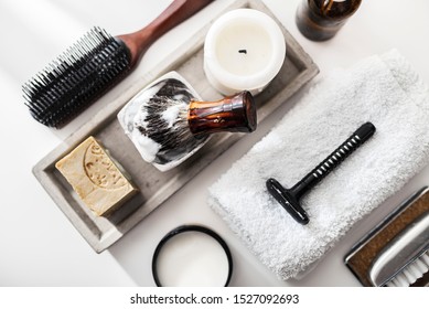 Man Spa Accessories To Shaving And Grooming Lying On A Clean White Background, Flat Lay, Top View