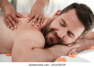 Man, Spa And Back Massage Or Relax Wellness In Peace, Healthcare Or Luxury Hotel In Self Care, Muscle Tension Or Stress. Masseuse Hands On Happy Male On Table Bed In Zen Pamper From Physical Therapy