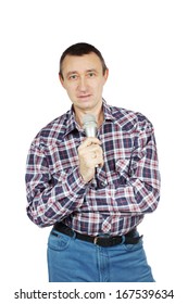 Man Speaking To Microphone