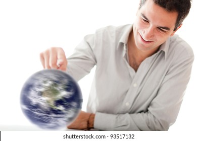 Man Spinning The World With His Hand - Isolated Over A White Background