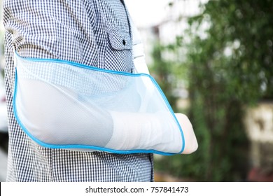 Man With Splint Broken Bone Right Wrist.