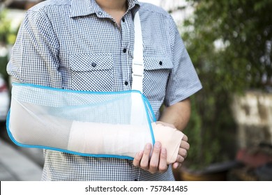 Man With Splint Broken Bone Right Wrist.