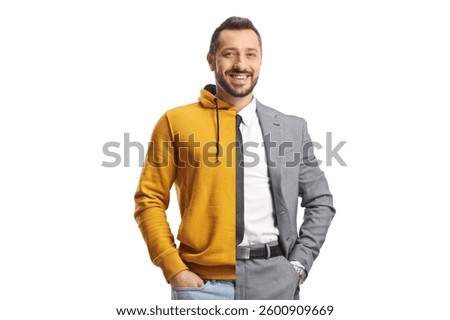 Man split in half with formal and casial clothes isolated on white background