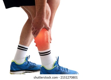 Man in sport clothes holding leg muscle pain and numbness from muscle cramps isolated on white background with copy space for text. Calf muscle pain in runner.

