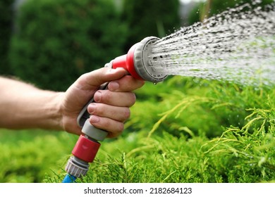 Man spraying water from hose in garden, closeup - Powered by Shutterstock