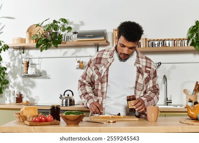 Man spreads jam on bread while enjoying a quiet morning in a bright kitchen. - Powered by Shutterstock