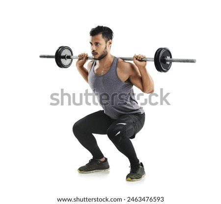 Man, squat and barbell in studio for exercise, balance and training with idea by white background. Person, bodybuilder and weightlifting with equipment in gym for strong legs, health or muscle growth