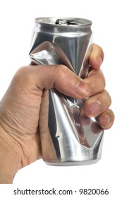 man squeezing a  drink can  clipping path included