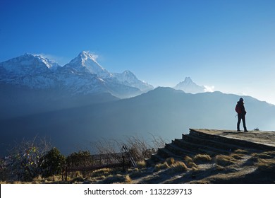 A Man standing among natural landscape of snowcapped ridge on top of Poon hill Himalayan mountain range on the back- Ghorepani, Nepal
