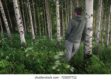 Man Standing Back View in Forest 