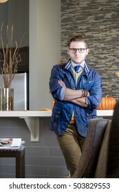 Man Standing In Blue Lather Jacket With Glasses, Fashion Model