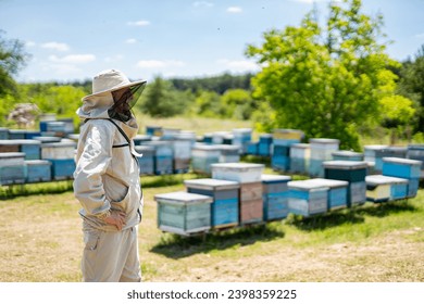 A man standing in front of a bunch of beehives. A Beekeeper Inspecting His Hives - Powered by Shutterstock