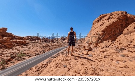 Man standing on endless winding empty Mouse tank road in Valley of Fire State Park through canyons of red Aztec Sandstone Rock formations and desert vegetation in Mojave desert, Overton, Nevada, USA