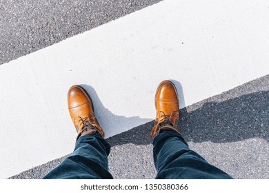 Man Standing On Grunge Asphalt City Street With White Line And Copy Space, Point Of View Perspective