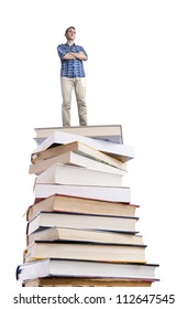 Man standing on a stack of books