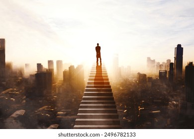 Man standing on top of stairs and looking at cityscape. Way to success