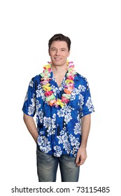 Man Standing On White Background With Hawaiian Shirt